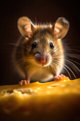 Cute mouse eating cheese with ears down. A mouse nibbles on a piece of cheese. A mouse sitting on a piece of cheese. Realistic 3D illustration. Generative AI