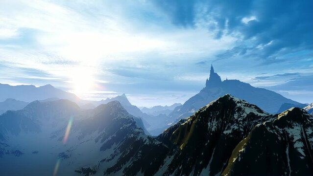 Silhouette Of An Ancient Castle On Top Of A Mountain Animation On The Theme Of Nature And Climate, Territories And Landscapes, Fairy Tales And Fantasy.