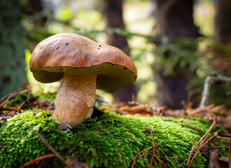 chestnut mushroom with moss and conifers
