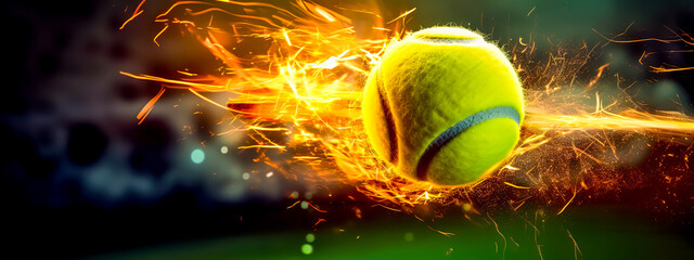 art tennis ball and clay courts, motion energy and lightning, banner made with Generative AI