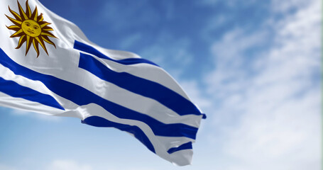 Uruguay national flag fluttering in the wind on a sunny day