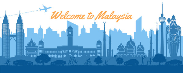 Malaysia famous landmark silhouette style,text within,vector illustration