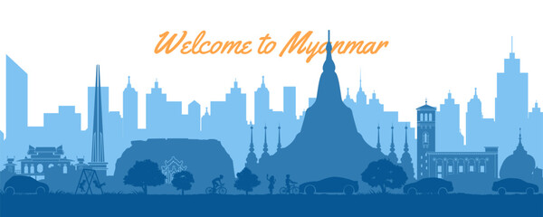 Myanmar famous landmark  in cityscape scene silhouette style front of towers,vector illustration