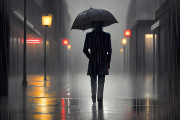 a picture of a man walking alone on a rainy day. Generative AI