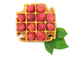 Fresh, ripe raspberries lie on a Viennese wafer isolated on a transparent background.