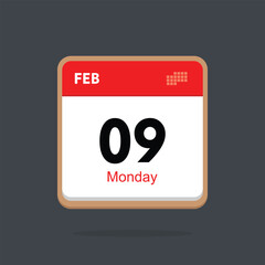 monday 09 february icon with black background, calender icon