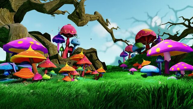 Forest Glade With Fantastic And Fabulous Mushrooms Of Different Colors. Small Butterflies Fly Over The Mushrooms. Green Grass Moves In The Wind.