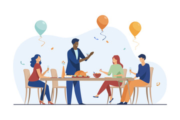 Family reuniting for holiday vector illustration. Happy friends or relatives having dinner together, celebrating Christmas, Thanksgiving or birthday. Family reunion, holiday, togetherness concept
