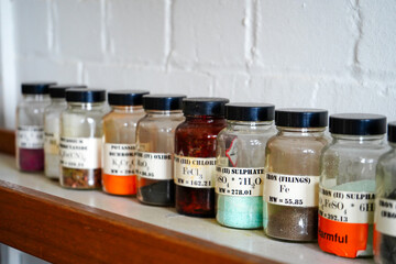 Close up of school laboratory chemicals