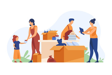 Volunteers donating books, toys and food vector illustration. Cartoon drawing of woman giving jar to girl, man giving book to female, donation items in boxes. Human community, charity, assistance