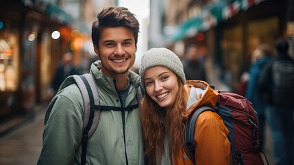 Fototapeta na wymiar happy man and woman lover couple with cityscape background, couple travel, Generative Ai