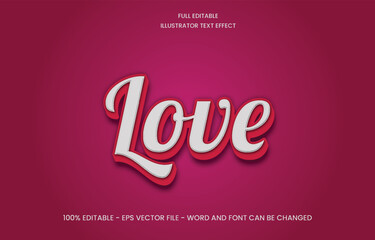 Editable 3D text effect in bold pink color love word vector art. Eye-catching and versatile design for creative projects.