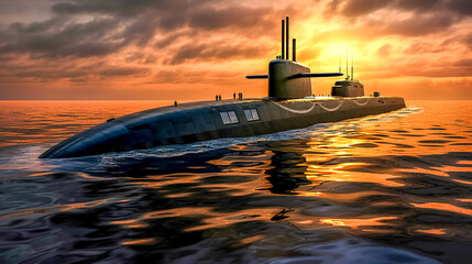 military submarine on the water surface of the ocean at sunset, banner made with Generative AI - obrazy, fototapety, plakaty
