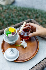 Snack,Crispy Jelly (Thai Traditional Dessert) with apple juice