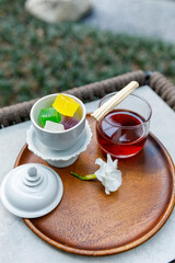 Snack,Crispy Jelly (Thai Traditional Dessert) with apple juice