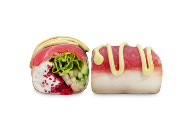 Spring roll with cucumber, tuna and caviar, cheese on white background.