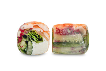 Spring roll with cucumber, shrimp and caviar, cheese on white background.