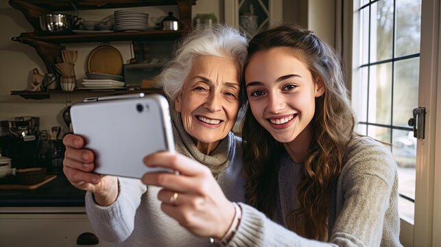 happy mother and daughter taking photo together in home, Generative Ai
