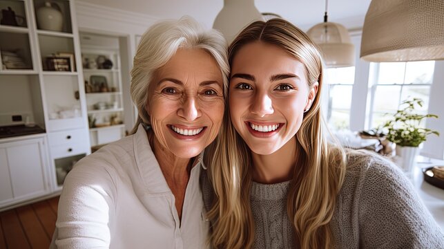 happy mother and daughter taking photo together in home, Generative Ai