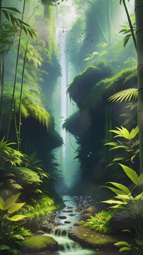 beautiful tropical rainforest with cliffs and bamboo. Cartoon or anime watercolor painting illustration style. seamless looping virtual vertical video animation background.