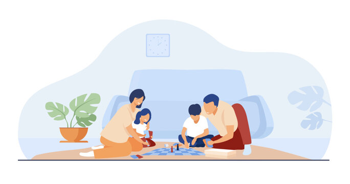 Happy Family Playing Board Games Vector Illustration. Parents And Children Playing Chess And Cards, Having Fun Together At Home. Family Reunion, Parenting, Quality Time, Entertainment Concept