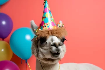 Papier Peint photo Lavable Lama Funny and friendly cute alpaca wearing a birthday party hat in studio, on a vibrant, colorful background. Generative AI