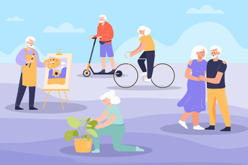 Elderly people doing different activities vector illustration. Cartoon drawing of old men and women painting, cycling, gardening, dancing. Senior life, hobby, leisure, creativity concept