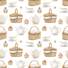  Seamless pattern with vintage variety set of porcelain crockery wicker baskets and cupcakes isolated on white background. Watercolor hand drawn illustration sketch