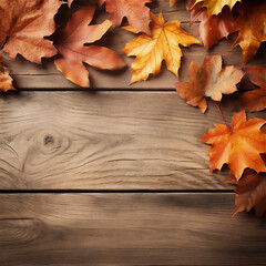Naklejka na ściany i meble autumn leaves on wooden floor background, create using generative AI tools