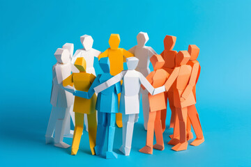 Paper cut out people standing together holding hands. Business teamwork and collaboration - obrazy, fototapety, plakaty