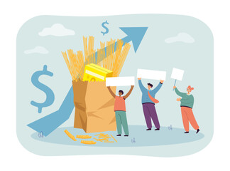 Manufacturers protesting against price rise vector illustration. Bag of pasta with cost increase chart, people going on strike. National pasta strike, rising inflation, activism concept