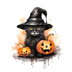 Watercolor black Halloween cat with hat and pumpkin on white background Generative AI 