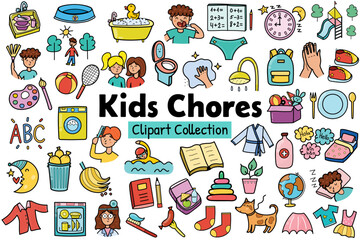 Kids chores clipart collection. Daily routine icons set. Tasks stickers for creating reward chart. Vector illustration - 622724787