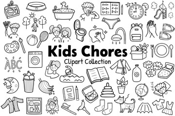 Kids chores clipart collection in outline. Black and white daily routine icons set. Tasks stickers for creating reward chart. Vector illustration - 622724789