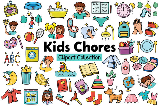 Kids chores clipart collection. Daily routine icons set. Tasks stickers for creating reward chart. Vector illustration