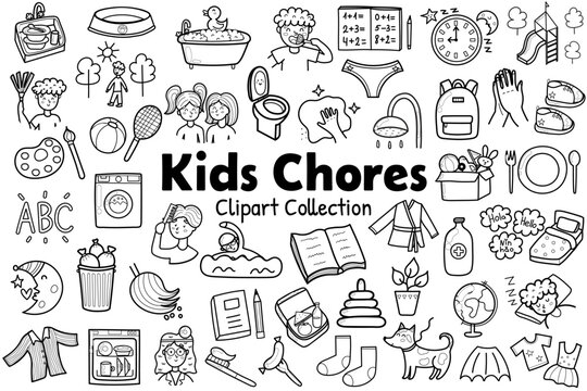 Kids chores clipart collection in outline. Black and white daily routine icons set. Tasks stickers for creating reward chart. Vector illustration