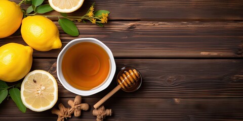 Natural wellness. Closeup of cup on wooden table with fresh lemon and organic honey - Powered by Adobe