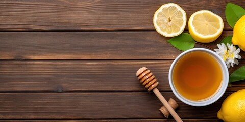 Fototapeta na wymiar Natural wellness. Closeup of cup on wooden table with fresh lemon and organic honey