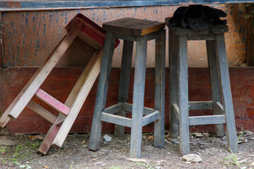 old wooden stools in the garden