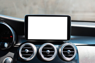 Car multimedia monitor with empty blank on screen. Mockup concept. Close-up view.