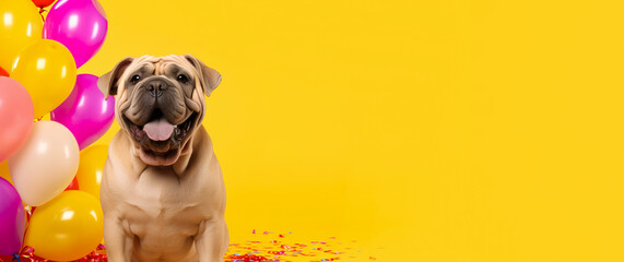 happy dog with balloons on a festive yellow background. Banner, postcard, copy space. AI generation