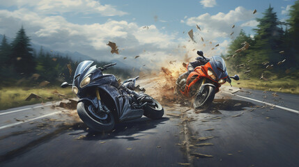Accident of two motorcycles on the road. AI generation