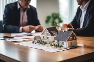 Real estate agent showing house model to customer after signing agreement contract, home owner, mortgage, home loan, realty. Generative AI