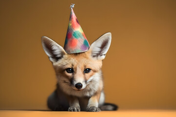Funny and friendly cute fox wearing a birthday party hat in studio, on a vibrant, colorful background. Generative AI