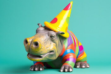 Funny and friendly cute hippopotamus wearing a brithday party hat in studio, on a vibrant, colorful background. Generative AI