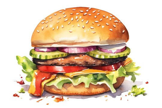 Watercolor burger on white background Generative AI 