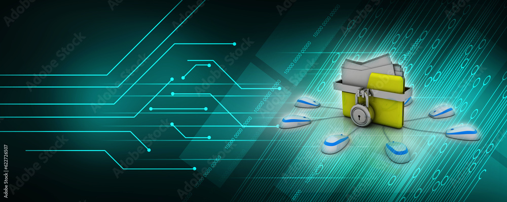 Poster 3d rendering yellow folder protection lock connected mouse . data security concept