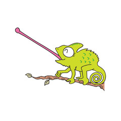 Cute cartoon chameleon on a branch. Vector illustration.