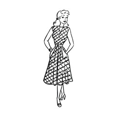 Retro fashion woman in the dress. Vector illustration in sketch style.