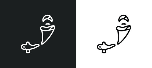genie outline icon in white and black colors. genie flat vector icon from fairy tale collection for web, mobile apps and ui. - obrazy, fototapety, plakaty